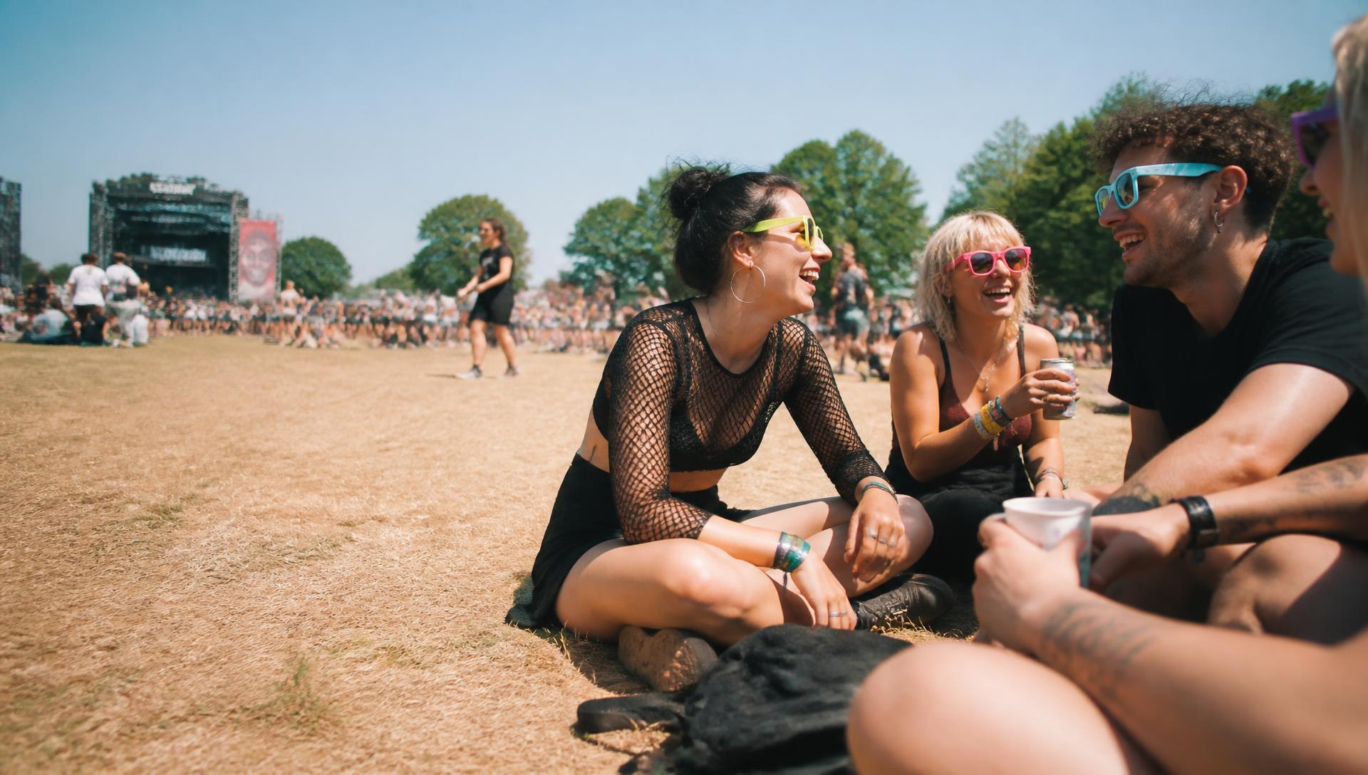 Groep vrienden met zonnebrillen lacht op een zonnig festival