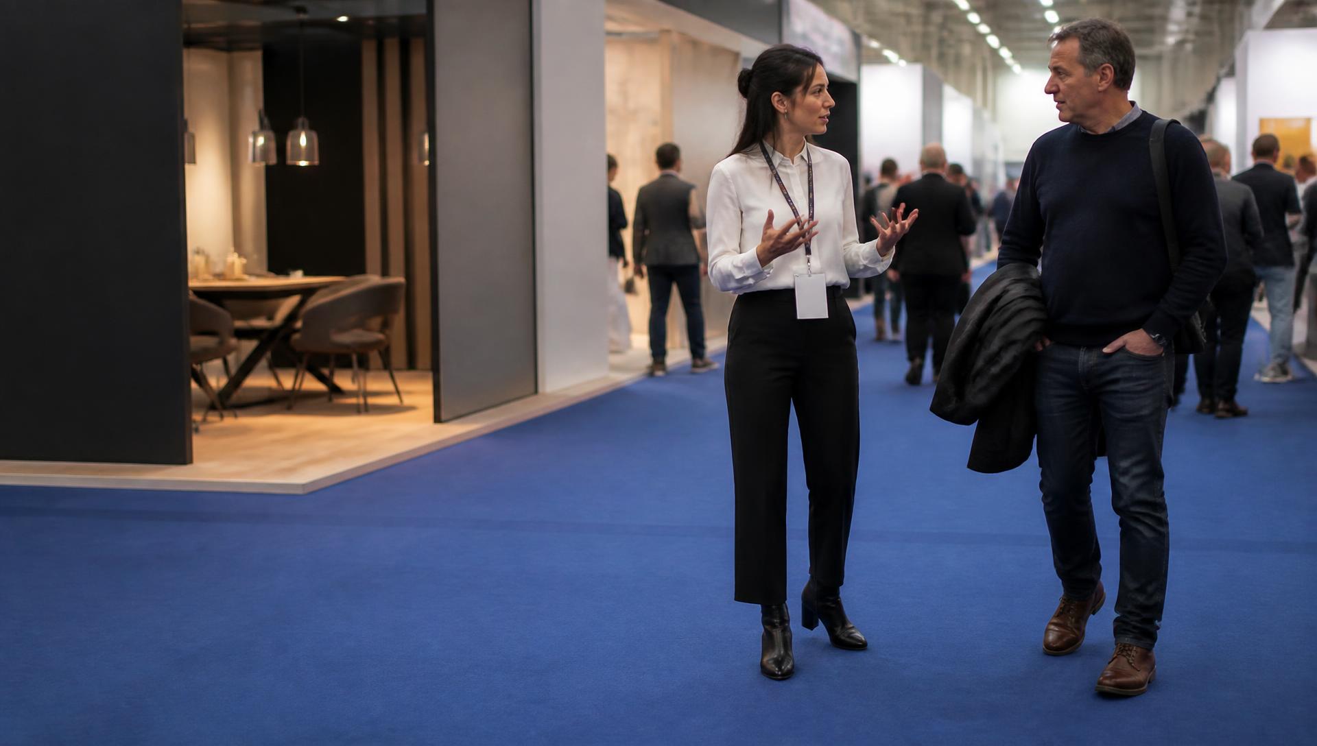 Beursmedewerker met keycord om de nek in gesprek met een bezoeker