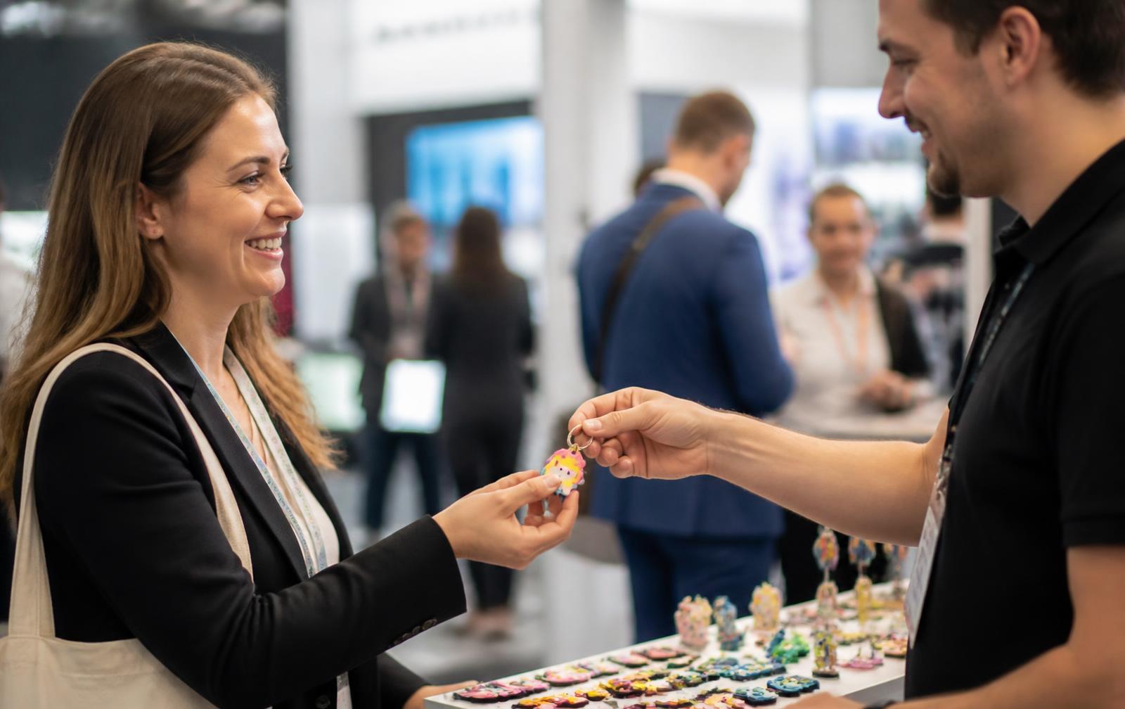 Bezoeker krijgt een siliconen sleutelhanger op de beurs