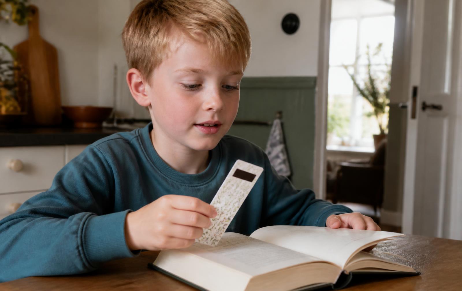 Kind leest met een bedrukte boekenlegger